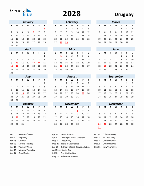 2028 Calendar for Uruguay with Holidays