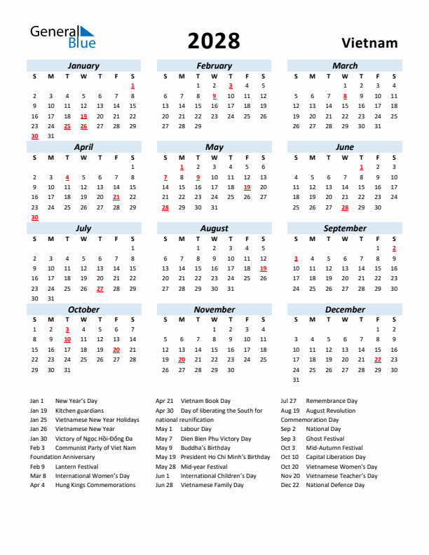 2028 Calendar for Vietnam with Holidays