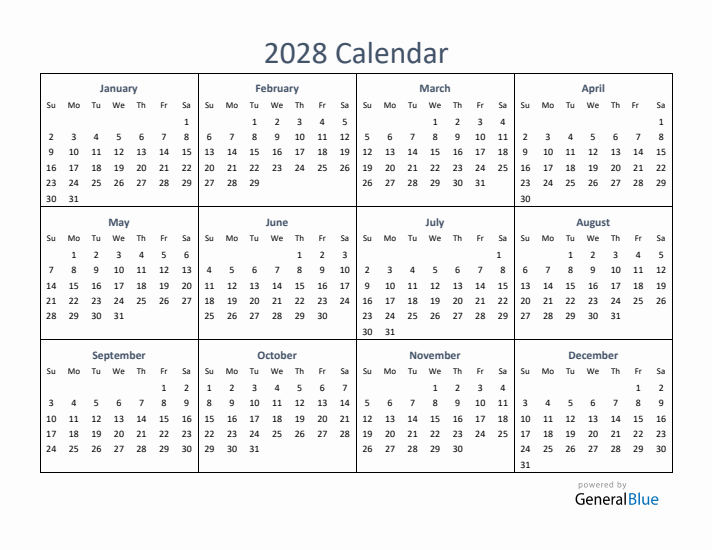 One-Page Yearly Calendar 2028 in PDF, Excel, Word