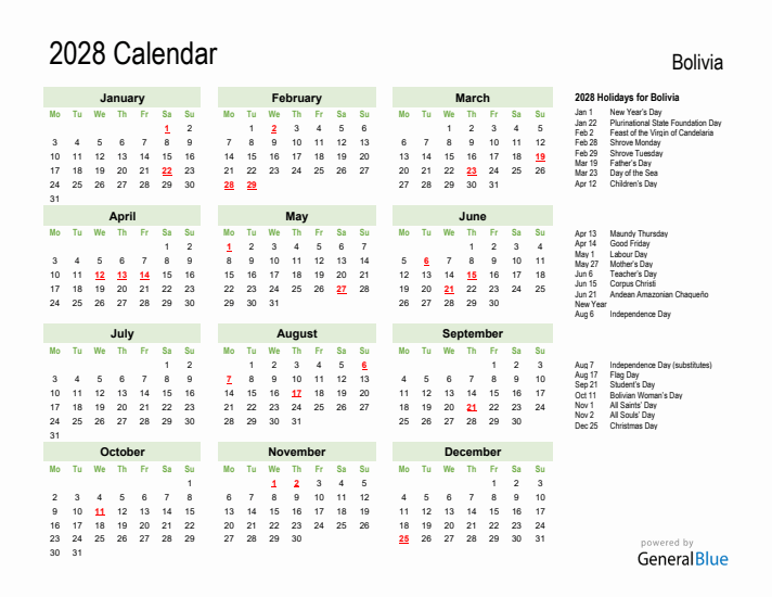 Holiday Calendar 2028 for Bolivia (Monday Start)