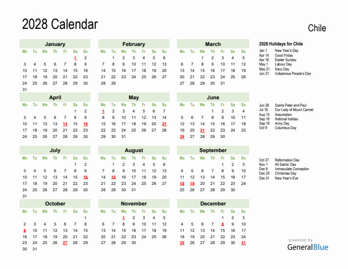 Holiday Calendar 2028 for Chile (Monday Start)