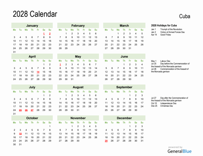 Holiday Calendar 2028 for Cuba (Monday Start)