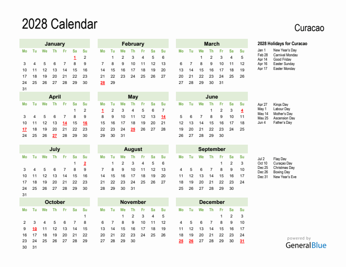 Holiday Calendar 2028 for Curacao (Monday Start)