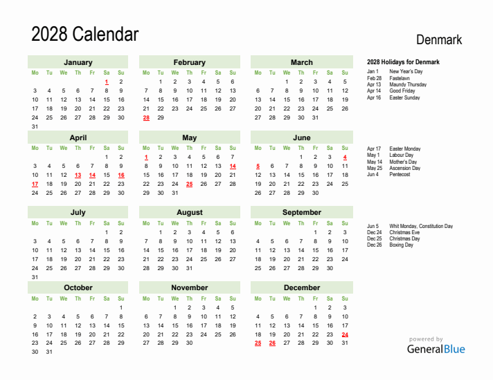 Holiday Calendar 2028 for Denmark (Monday Start)