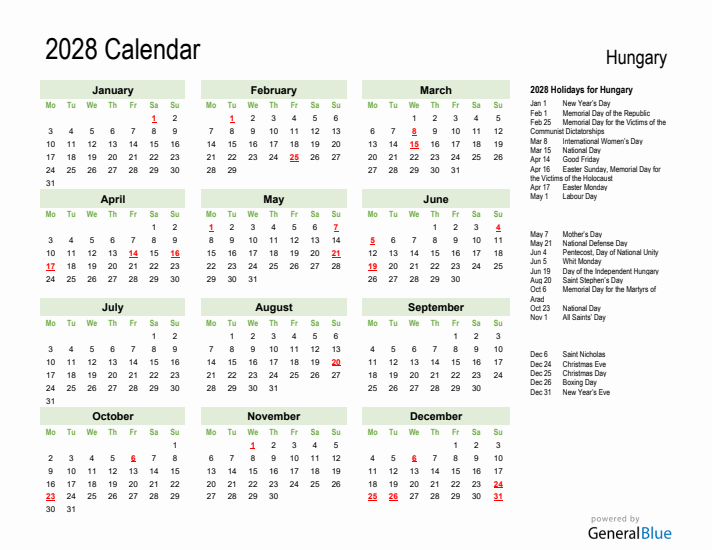 Holiday Calendar 2028 for Hungary (Monday Start)