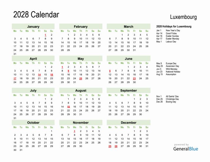 Holiday Calendar 2028 for Luxembourg (Monday Start)