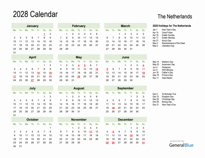 Holiday Calendar 2028 for The Netherlands (Monday Start)