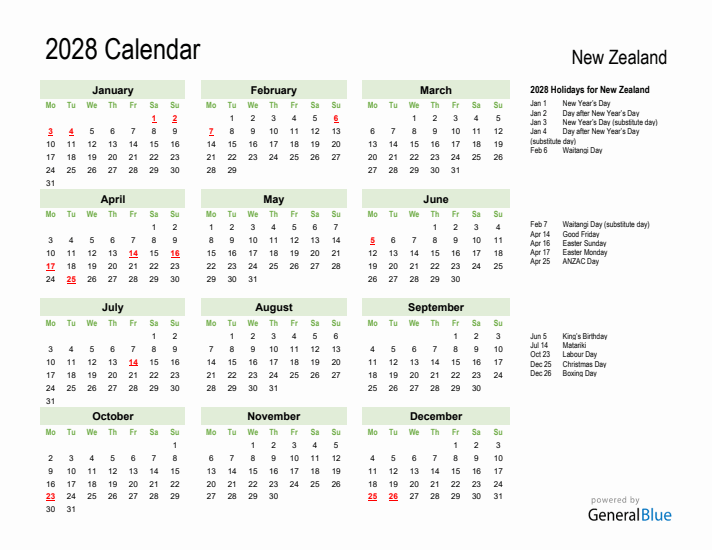 Holiday Calendar 2028 for New Zealand (Monday Start)