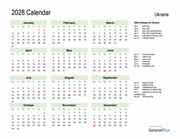 Holiday Calendar 2028 for Ukraine (Monday Start)