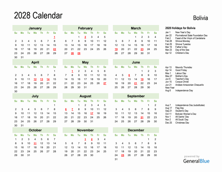 Holiday Calendar 2028 for Bolivia (Sunday Start)