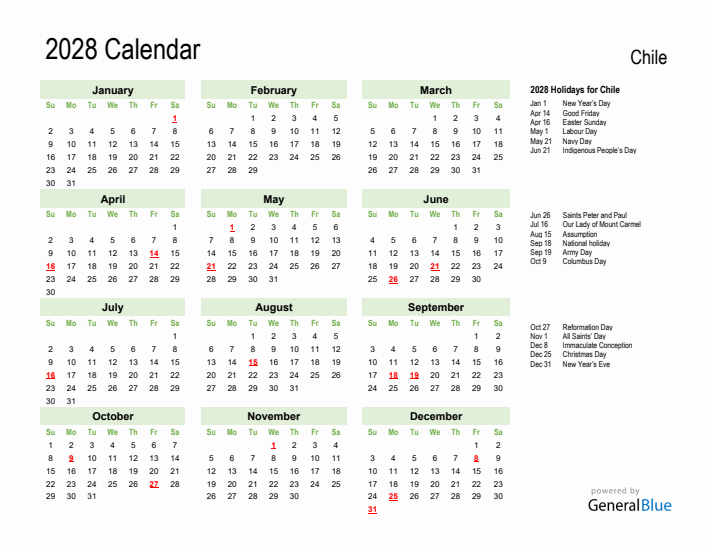 Holiday Calendar 2028 for Chile (Sunday Start)