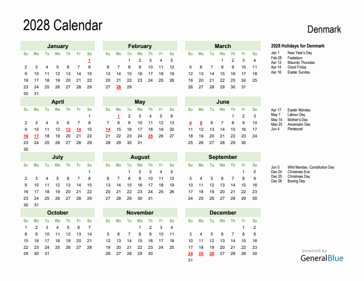 Holiday Calendar 2028 for Denmark (Sunday Start)