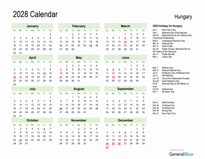 Holiday Calendar 2028 for Hungary (Sunday Start)