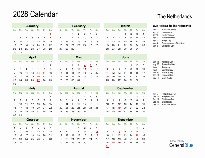 Holiday Calendar 2028 for The Netherlands (Sunday Start)