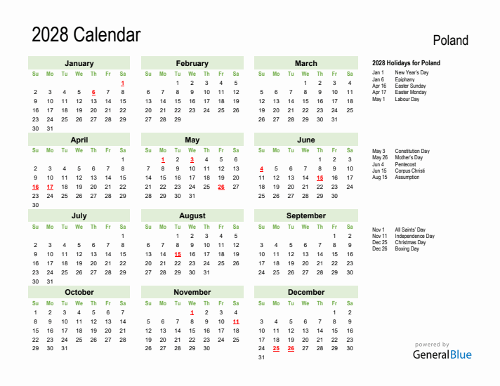 Holiday Calendar 2028 for Poland (Sunday Start)