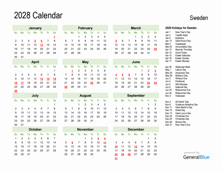 Holiday Calendar 2028 for Sweden (Sunday Start)