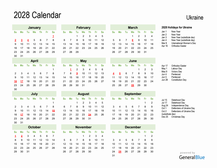 Holiday Calendar 2028 for Ukraine (Sunday Start)