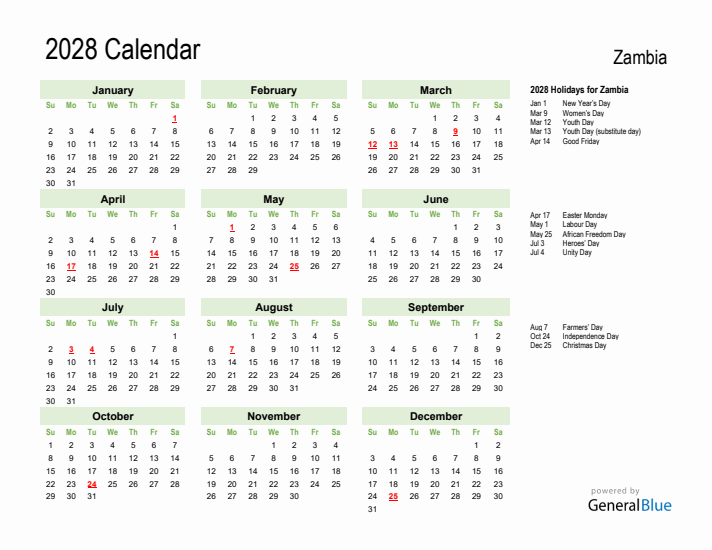 Holiday Calendar 2028 for Zambia (Sunday Start)