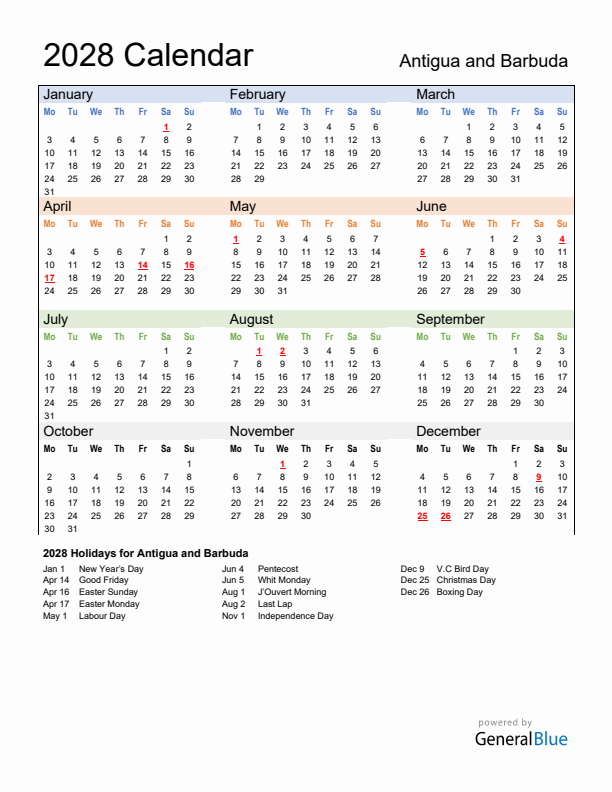 Calendar 2028 with Antigua and Barbuda Holidays