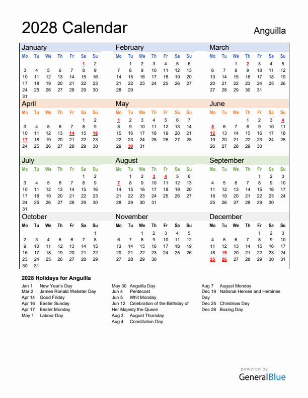 Calendar 2028 with Anguilla Holidays