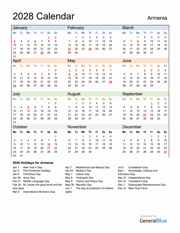 Calendar 2028 with Armenia Holidays