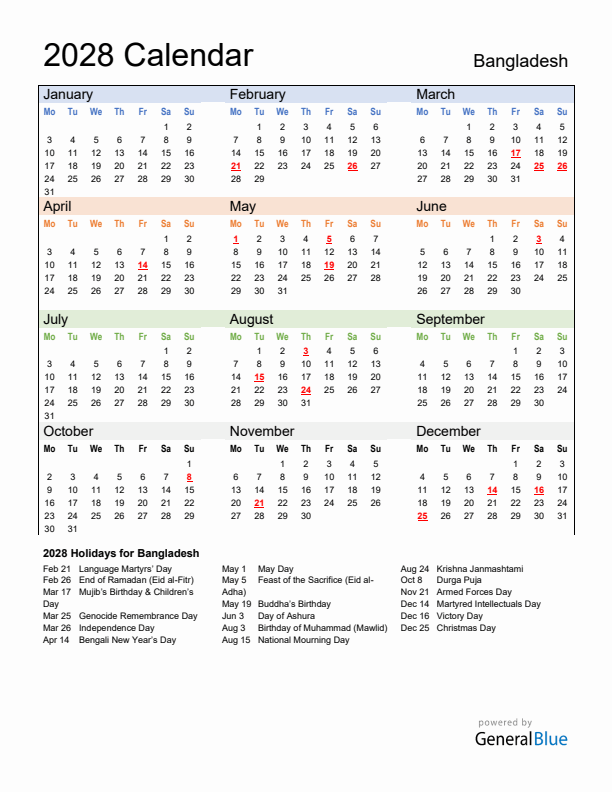 Calendar 2028 with Bangladesh Holidays