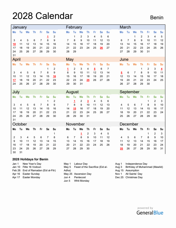 Calendar 2028 with Benin Holidays