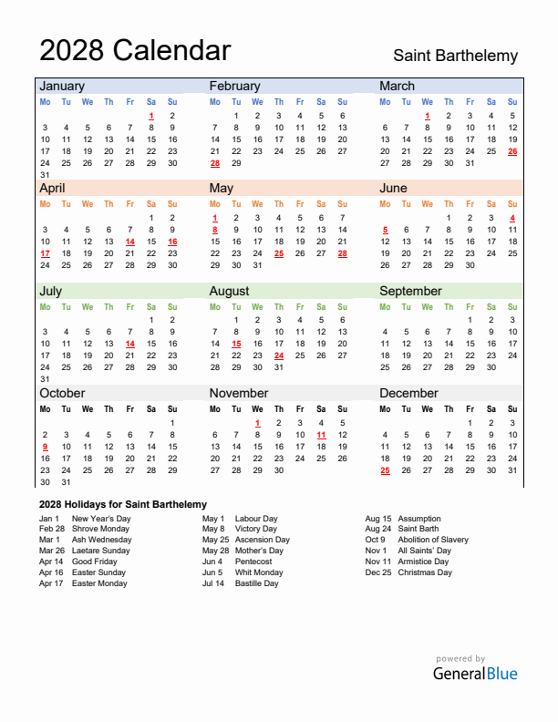 Calendar 2028 with Saint Barthelemy Holidays