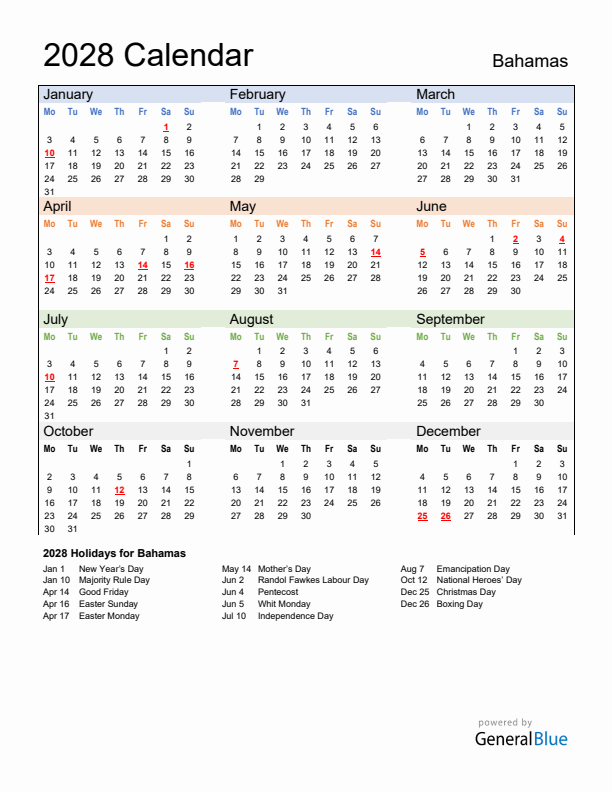 Calendar 2028 with Bahamas Holidays