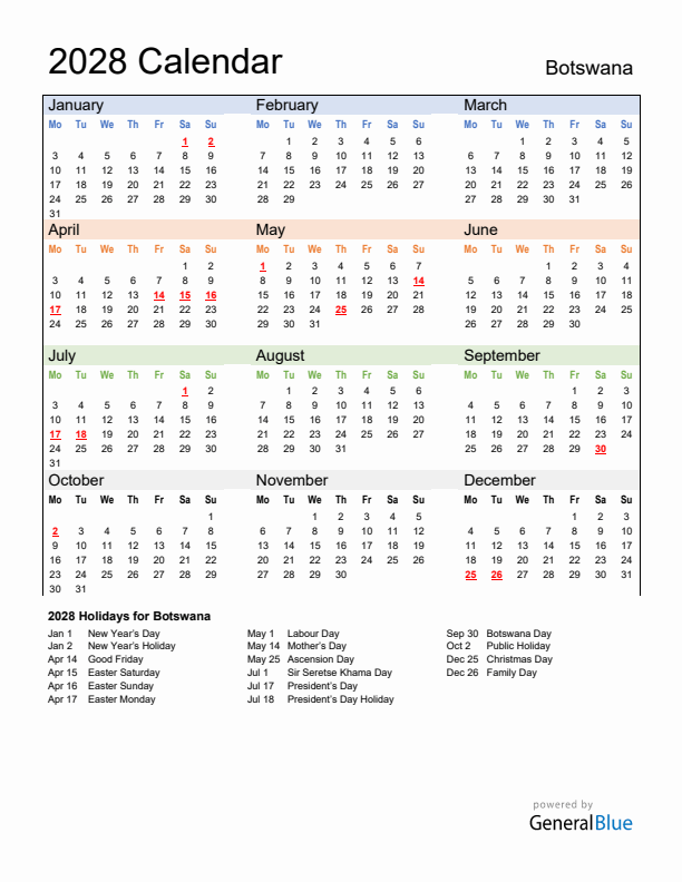 Calendar 2028 with Botswana Holidays