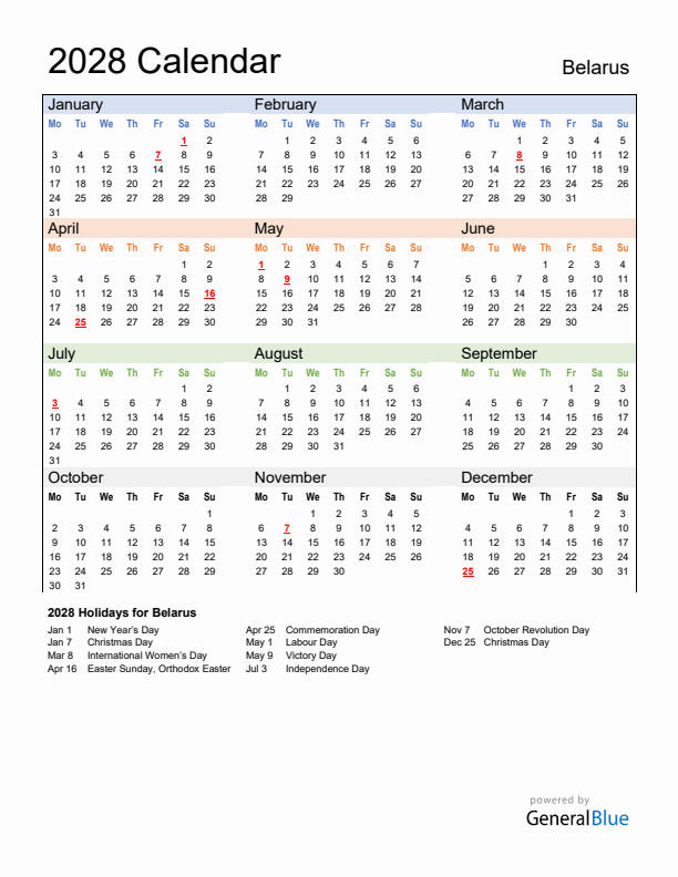 Calendar 2028 with Belarus Holidays