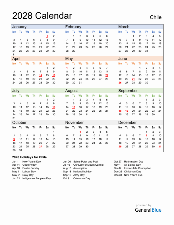 Calendar 2028 with Chile Holidays