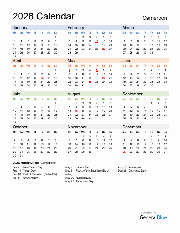 Calendar 2028 with Cameroon Holidays