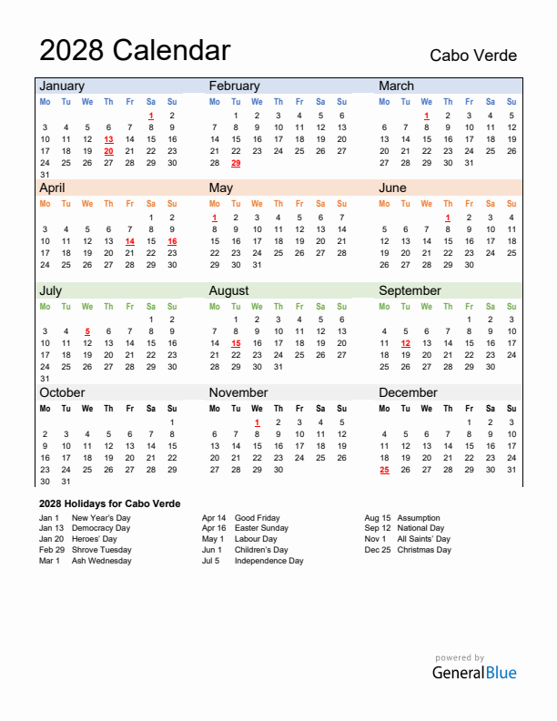 Calendar 2028 with Cabo Verde Holidays