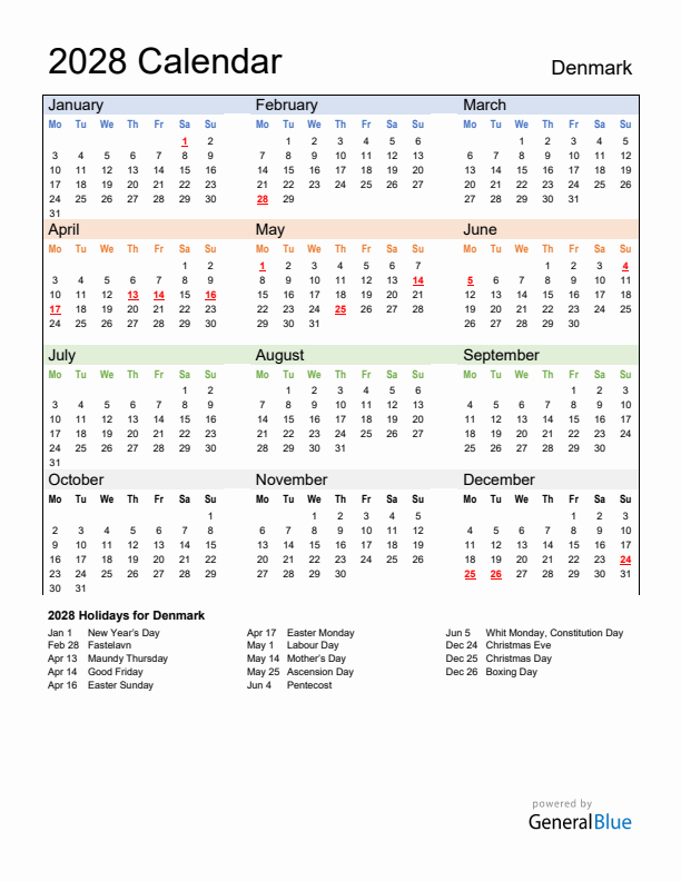 Calendar 2028 with Denmark Holidays