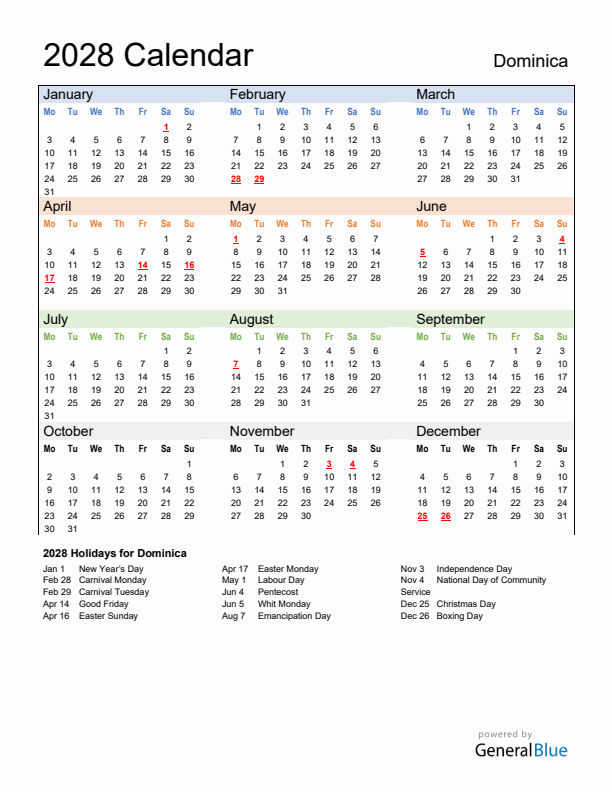 Calendar 2028 with Dominica Holidays