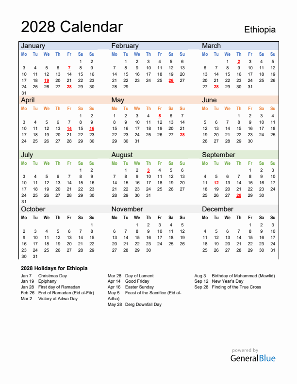 Calendar 2028 with Ethiopia Holidays