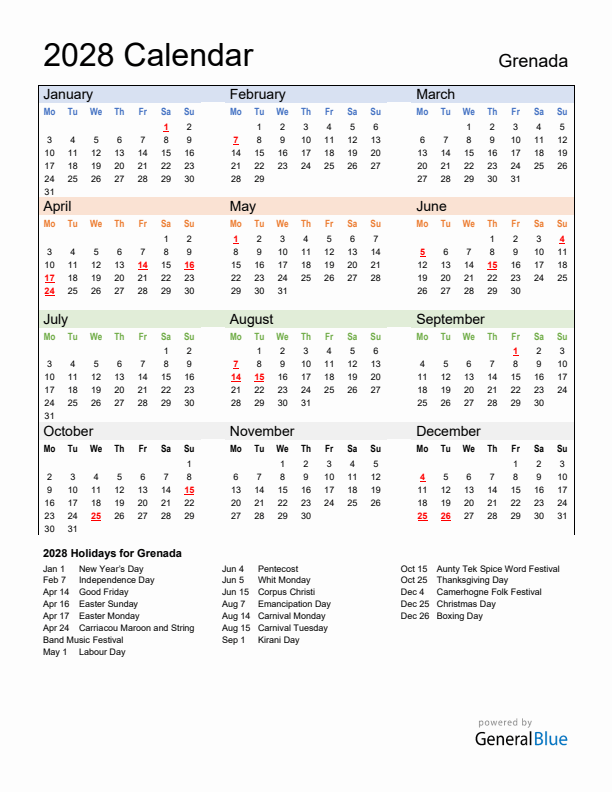 Calendar 2028 with Grenada Holidays