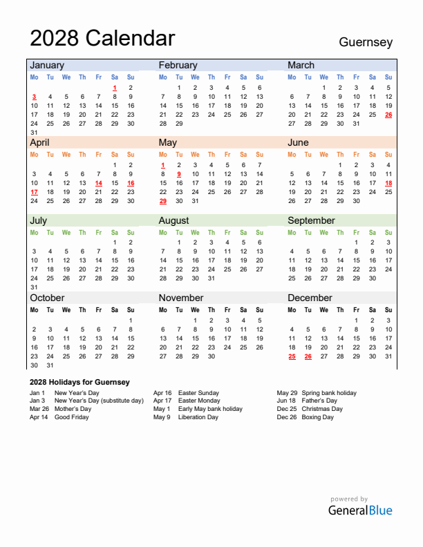 Calendar 2028 with Guernsey Holidays