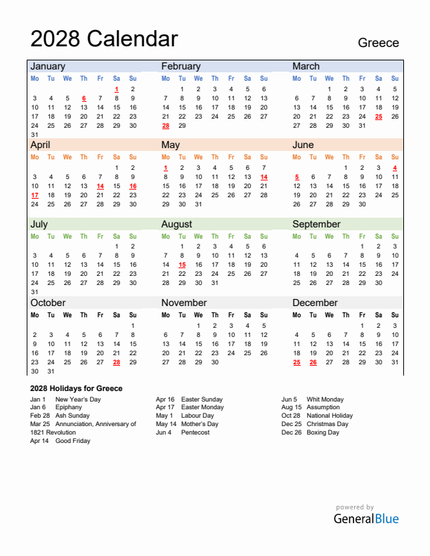 Calendar 2028 with Greece Holidays