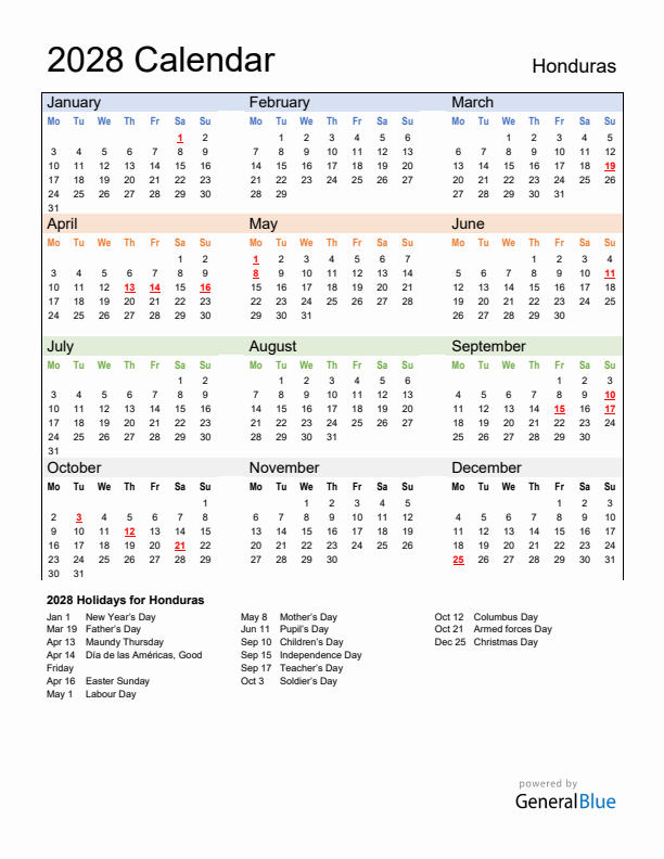 Calendar 2028 with Honduras Holidays