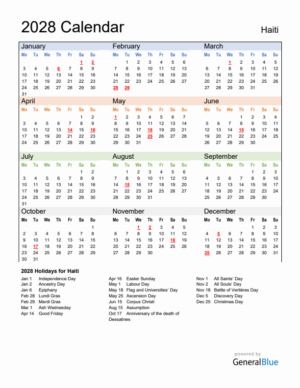 Calendar 2028 with Haiti Holidays