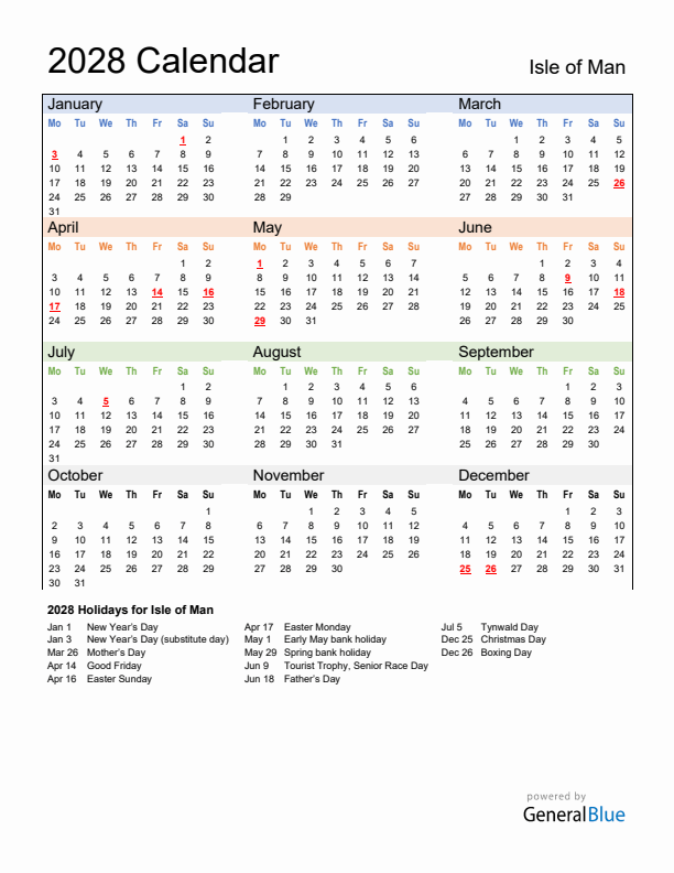 Calendar 2028 with Isle of Man Holidays