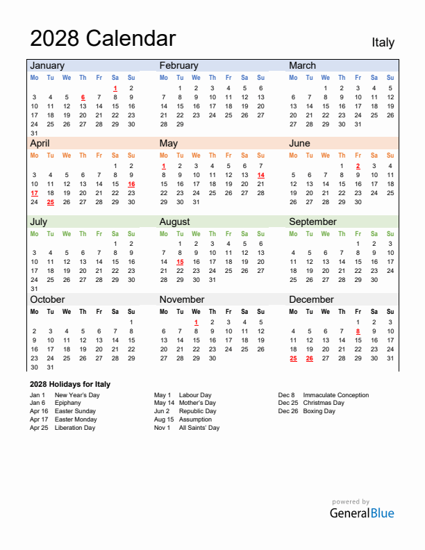 Calendar 2028 with Italy Holidays