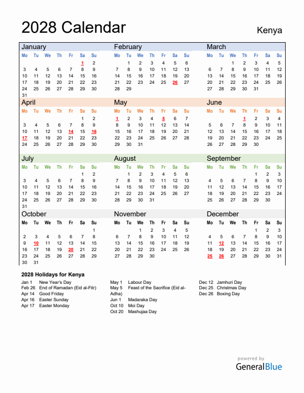 Calendar 2028 with Kenya Holidays