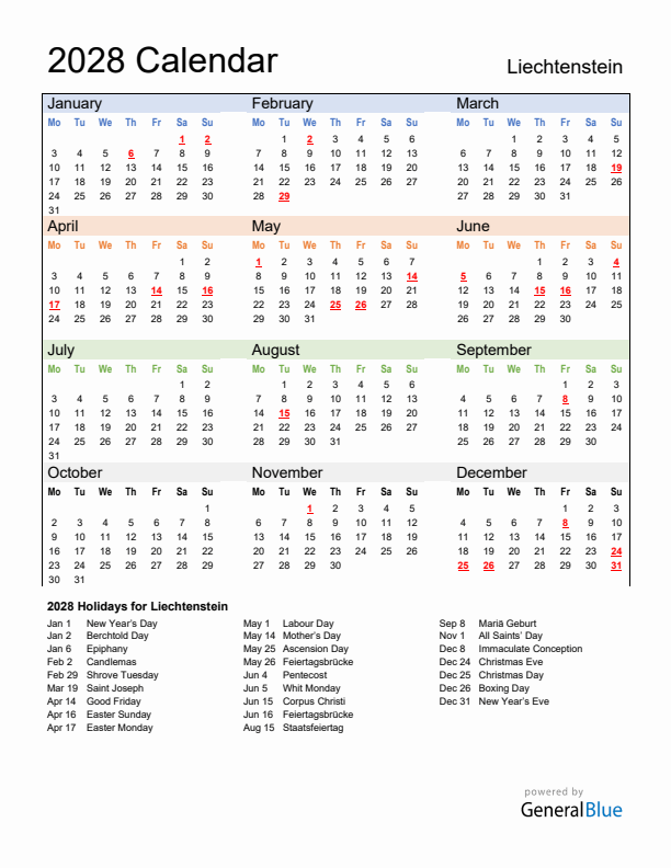 Calendar 2028 with Liechtenstein Holidays