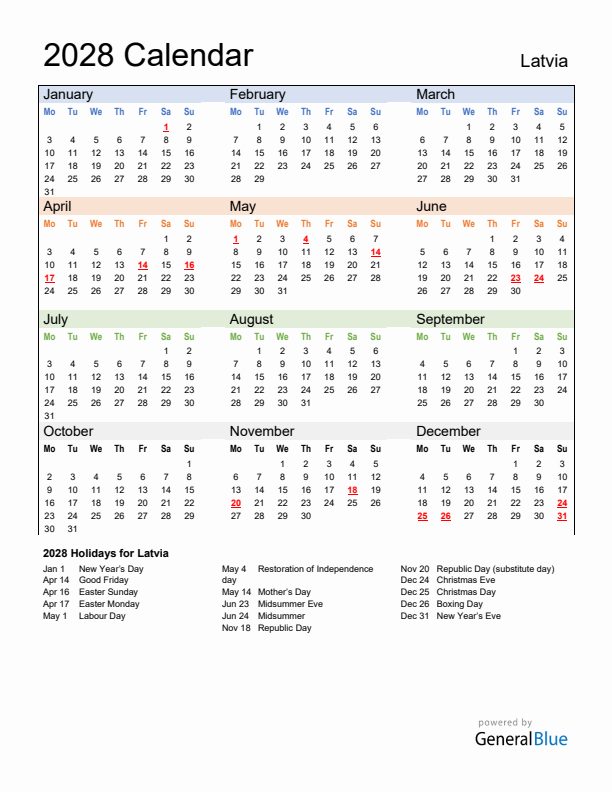 Calendar 2028 with Latvia Holidays