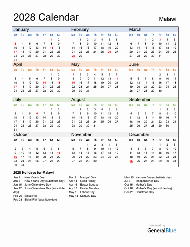 Calendar 2028 with Malawi Holidays