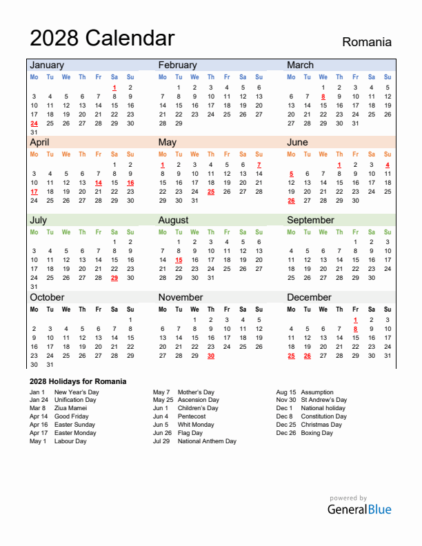 Calendar 2028 with Romania Holidays