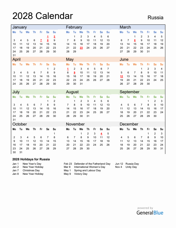 Calendar 2028 with Russia Holidays